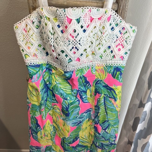 $228 NWT LILLY PULITZER Sz6 BRYNN LACE DETAIL STRAPLESS DRESS PINK SUNSET PRINT - Picture 5 of 11